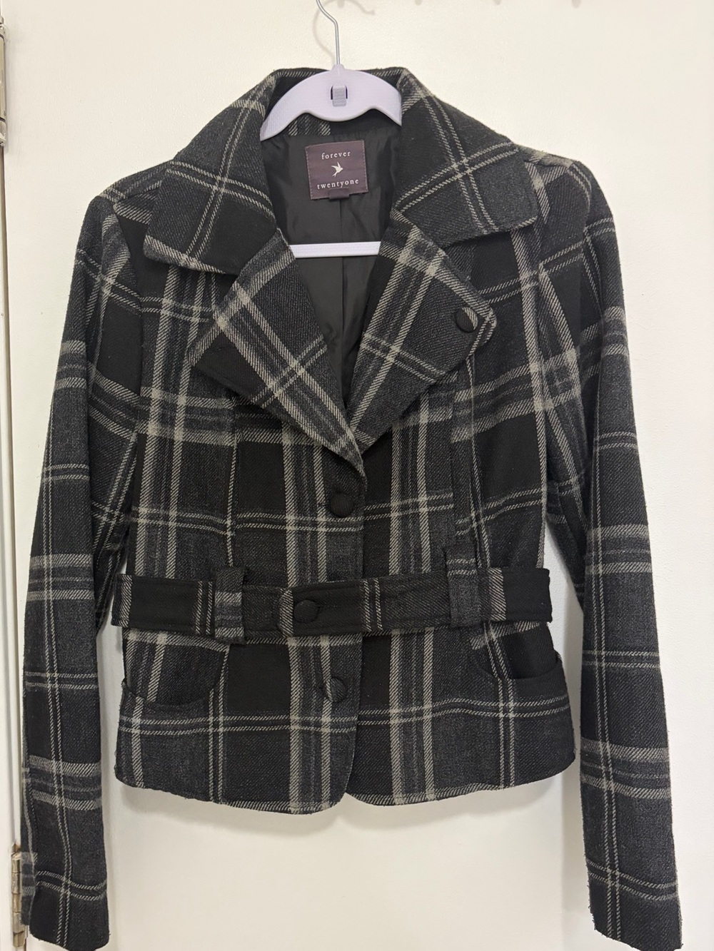 Forever 21 junior, large Black & Gray Plaid Belted Wool-Blend Jacket
